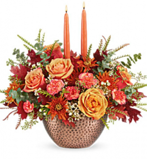 Gleaming Copper Centerpiece  Fall flowers and Candle Table Centerpiece 