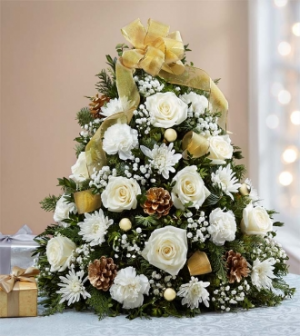 Glistening Gold Tree Christmas Arrangement in Winston Salem, NC | RAE'S NORTH POINT FLORIST INC. Glistening Gold Tree Christmas Arrangement in Winston Salem, NC | RAE'S NORTH POINT FLORIST INC.