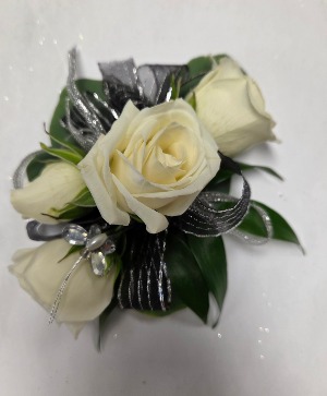 Glitzy White Roses Wrist corsage