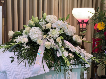 Glorious White Casket Spray Sympathy Flowers