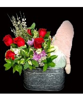 Gnome-body Loves You More Than Me! Stuffed Gnome & Mixed Roses Floral