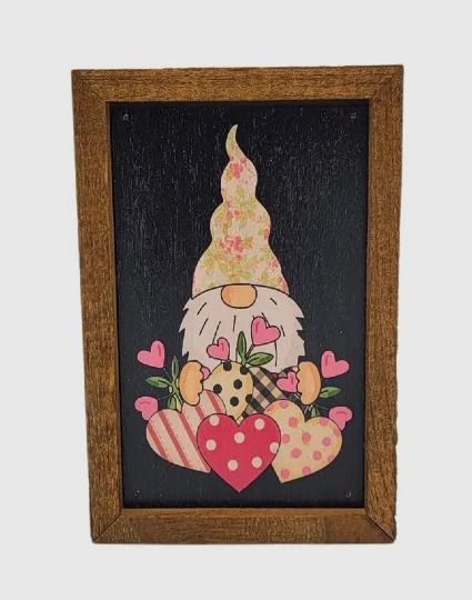 Gnome with hearts wooden framed picture 