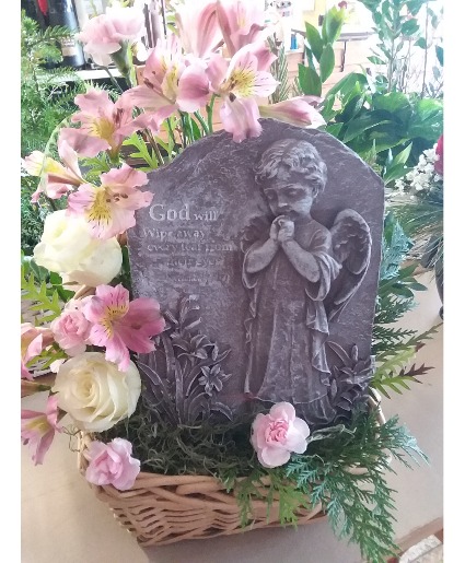 God will wipe away your tears Cement plaque with fresh cut flowers