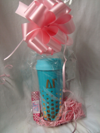 Gold and blue Delta Gamma tumbler and polka dot  keychain!( sorry only Delta Gamma available)