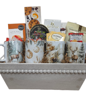 Golden Glow 4 piece Mug Set and Tasteful Treats Gourmet Basket