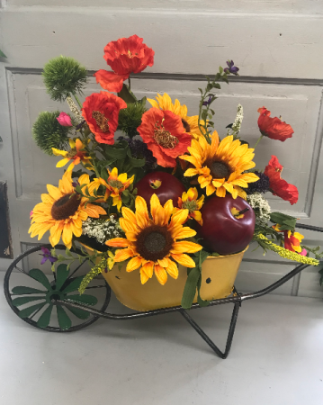 Golden Laughter Faux Wheelbarrow Arrangement