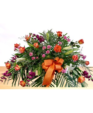 Golden: Orange, Purple and White  Casket Spray