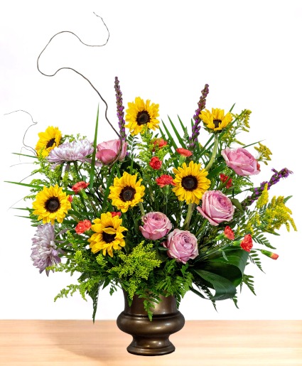 Golden: Orange, Yellow and Purple Urn Arrangement