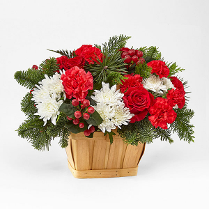 GOOD TIDINGS FLORAL BASKET RED AND WHITE BLOOMS IN BASKET