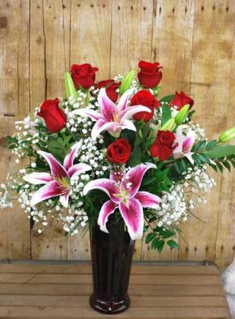 Gorgeous Red Roses & Fragrant Stargazer Lilies 