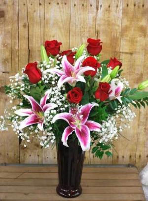 Gorgeous Roses and Lilies Vase Arrangement