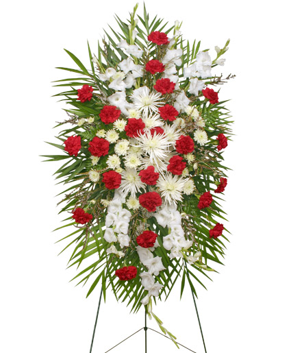 GRACEFUL RED & WHITE Standing Spray of Funeral Flowers in Monkton