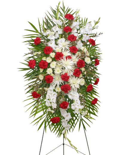 Graceful Red Amp White Standing Spray Of Funeral Flowers