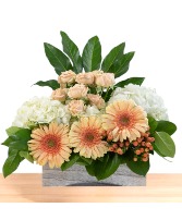 Gracious: Peach and White  Wooden Box Arrangement