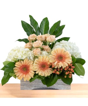 Gracious: Peach and White  Wooden Box Arrangement