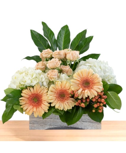 Gracious: Peach and White  Wooden Box Arrangement