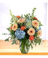 Gracious: Peach, Blue and White  Vase Arrangement