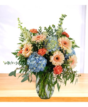 Gracious: Peach, Blue and White  Vase Arrangement