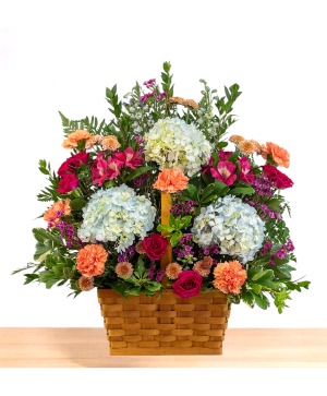Gracious: Peach, Hot Pink and Blue  Basket Arrangement