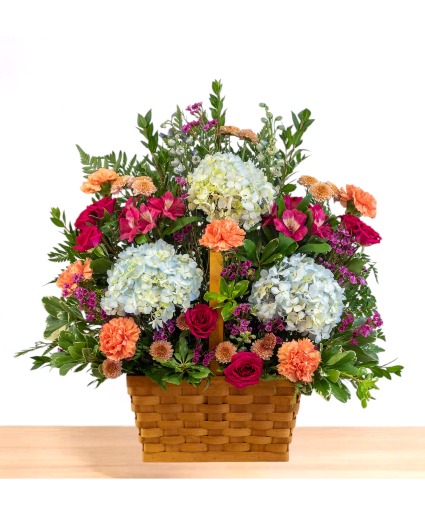 Gracious: Peach, Hot Pink and Blue  Basket Arrangement