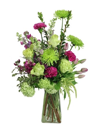 Grand Greens & Purples Vase Arrangement in New York, NY | G & J Flowers Inc