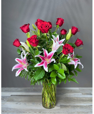 Dozen Red Roses with Lilies Arrangement