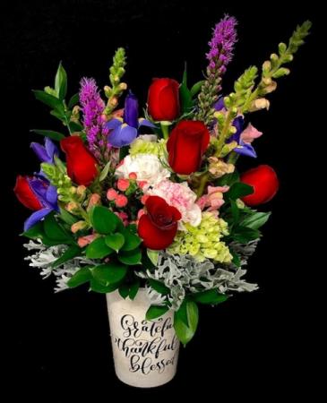 Grateful, Thankful, Blessed Mixed Floral with Red Roses