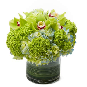 green and blue low glass centerpiece