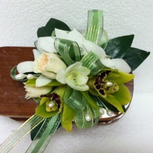 Green and White jazz wrist corsage