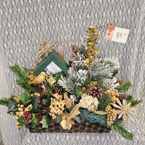 Green & Gold Christmas Basket w/ Birdie 
