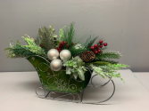 Green sleigh with pinecones berries and balls Artificial silk 