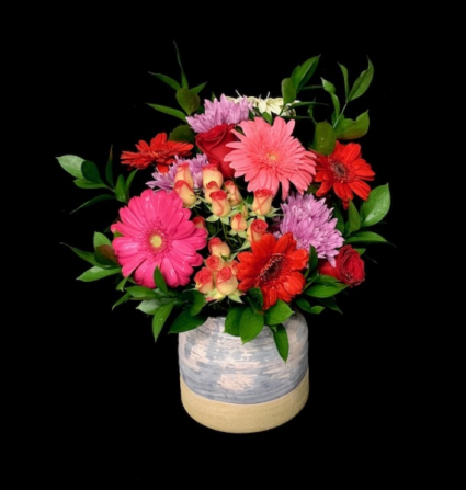 Gray Pottery Vase Floral Dancing Gerber Daisies