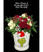 Grinch Christmas  Fresh cut flowers in a ceramic container