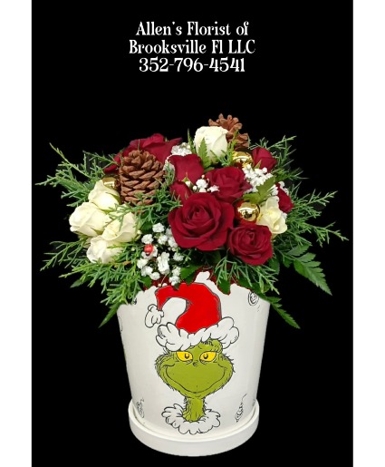 Grinch Christmas  Fresh cut flowers in a ceramic container