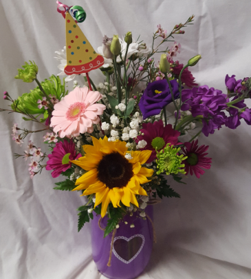 Mason Birthday Heart Jar...bright flowers and Birthday Pic arranged in heart mason jar. (color jar may vary)