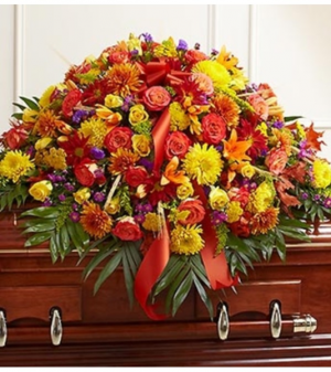 Half Casket Cover in Fall Colors Sympathy Arrangement in Croton On Hudson, NY | Cooke's Little Shoppe Of Flowers Half Casket Cover in Fall Colors Sympathy Arrangement in Croton On Hudson, NY | Cooke's Little Shoppe Of Flowers