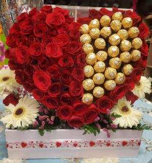 Half Chocolate & Red Roses Heart  Floral Arrangements 