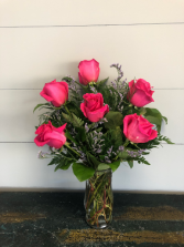 Half Dozen Hot Pink Roses Vase Arrangement