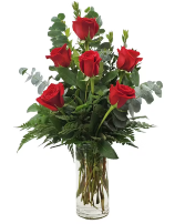 Half Dozen Long Stem Red Roses Vase Arrangement