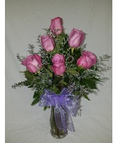 Half Dozen Purple Roses Vased Rose Arrangement