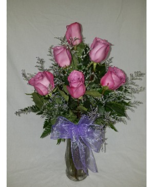 Half Dozen Purple Roses Vased Rose Arrangement