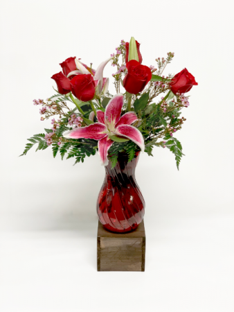 Half Dozen Red Roses and a Lily Valentine Arrangement