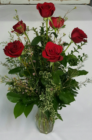 Half Dozen Rose Vase with Filler Vase Arrangement