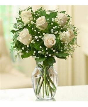 Half Dozen White Roses Vased Rose Arrangement