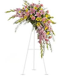 HALF MOON PINK AND YELLOW SPRAY STANDING SPRAY ON STAND