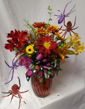 SPOOKY SURPRISE.....ARRANGEMENT..Bright FALL With spiders and Halloween decor.