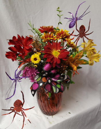 HALLOWEEN THEME ARRANGEMENT..FALL FLOWERS WITH BOW AND SPIDERS!