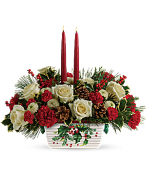 Halls Of Holly Centerpiece Arrangement in Warrington, PA | ANGEL ROSE FLORIST INC. Halls Of Holly Centerpiece Arrangement in Warrington, PA | ANGEL ROSE FLORIST INC.
