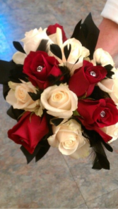  Hand Held Red and White roses with feathers and stones.