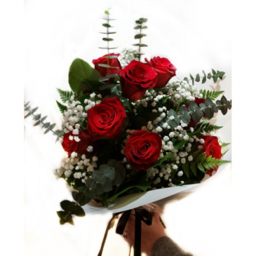 hand tied red rose bouquet Dozen Explorer Roses,Eucalyptus and baby’s breath  in Clifton, NJ | Days Gone By Florist